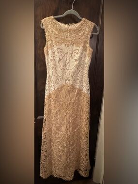 Tadashi Shoji Strapless Gold Lace Cocktail Dress
